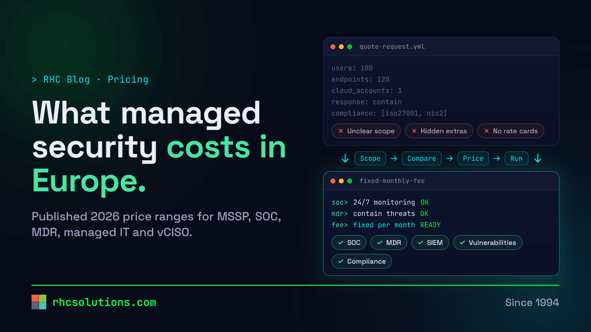 Diagram: a quote request listing endpoints, users and cloud accounts is scoped, compared and priced into a fixed monthly fee covering 24/7 SOC monitoring, MDR, SIEM, vulnerability management and compliance reporting.