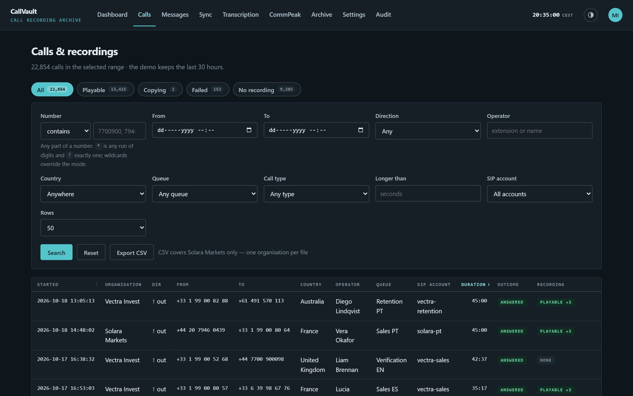 The calls list: a number search with match modes, the filter tabs and fields, the recording state shown on each row, and the Export CSV button.