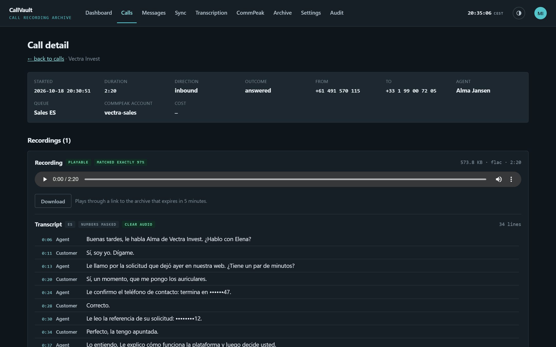 A call's detail page: the audio player, the transcript under it with a line per turn, the numbers-masked badge, and the match proof on the recording.