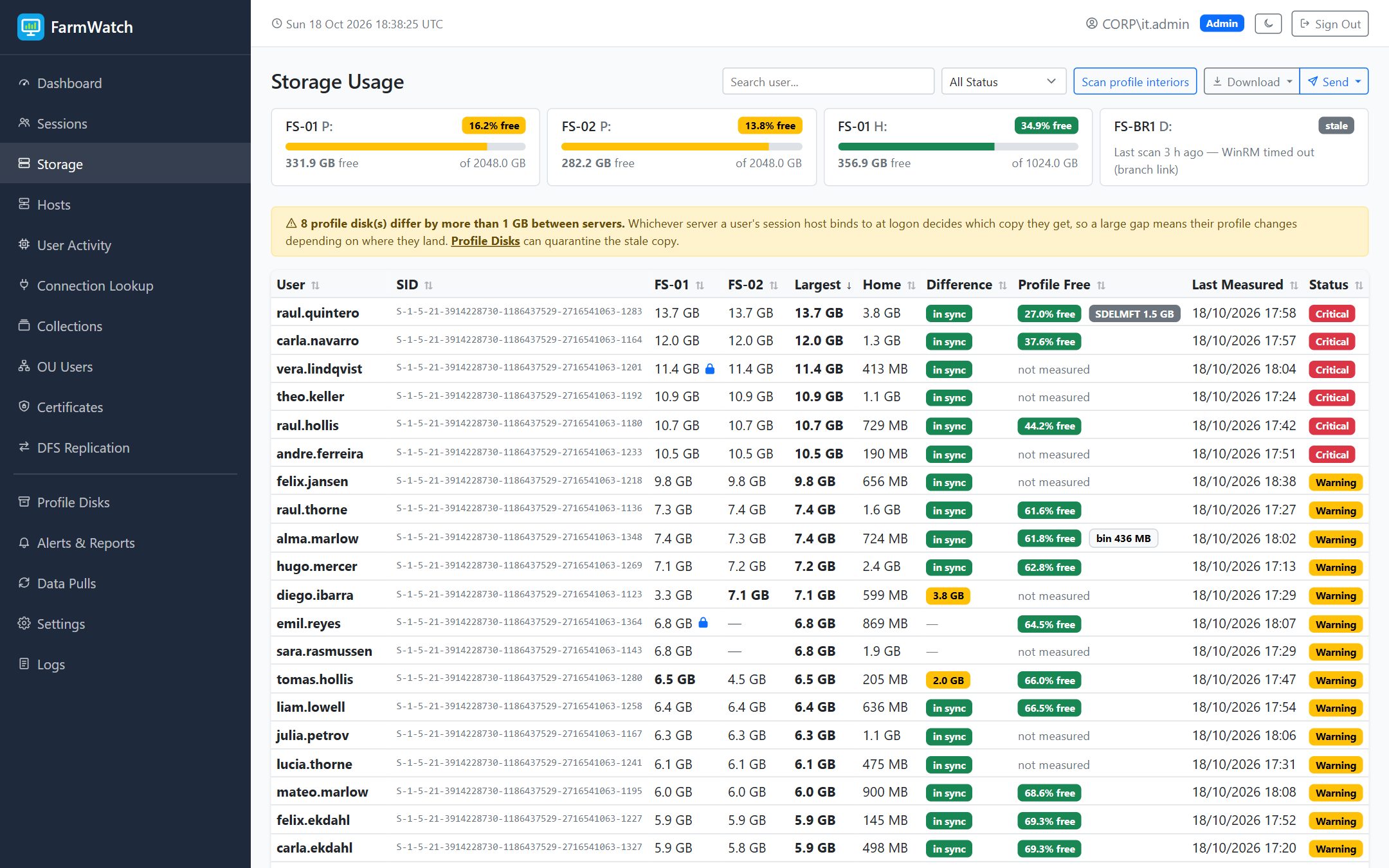The storage page: free space on each file server volume, a warning about profile disks that differ between servers, and the size of every user's profile disk and home folder.