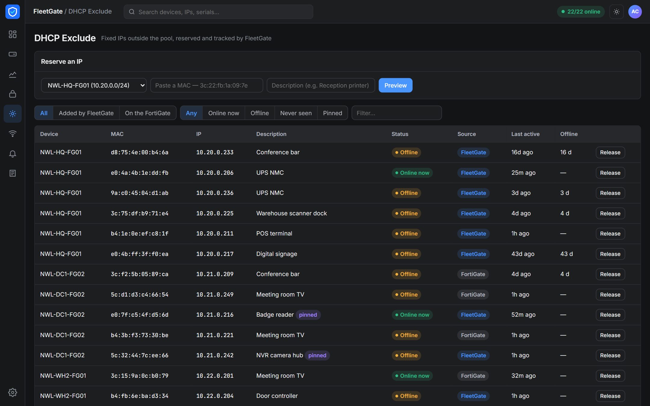 The DHCP exclusions page: a Reserve an IP form with a Preview button, filters for online, offline and never-seen devices, and a table of reservations with a Release button on each row.