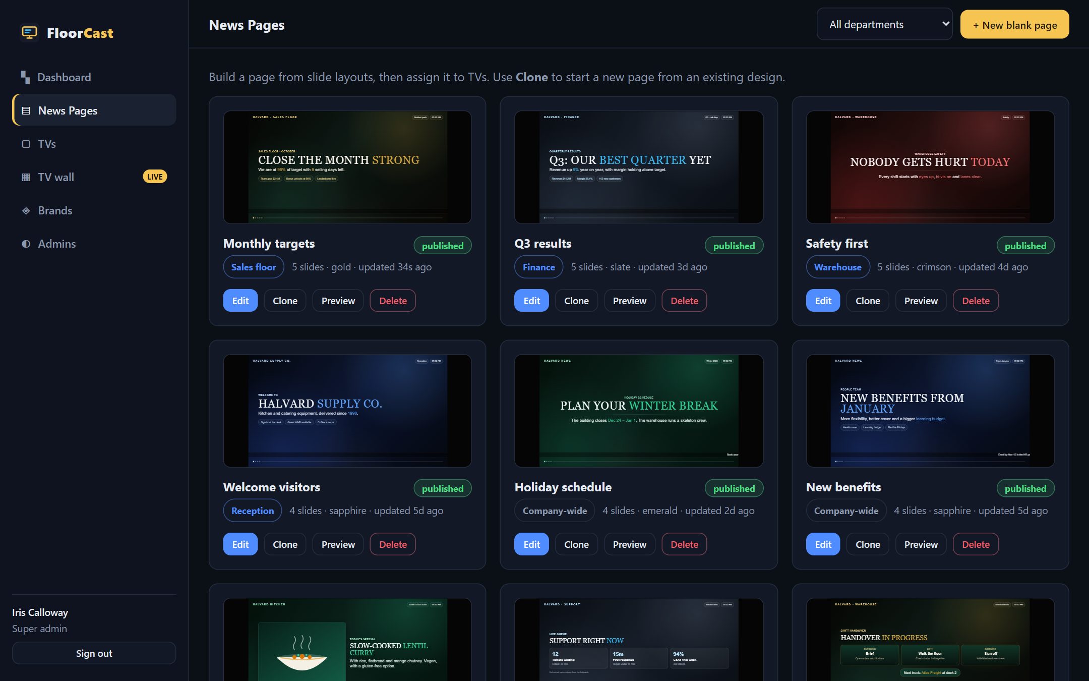 The news pages list: each page is tagged with its department or marked company-wide, and has a Clone button.