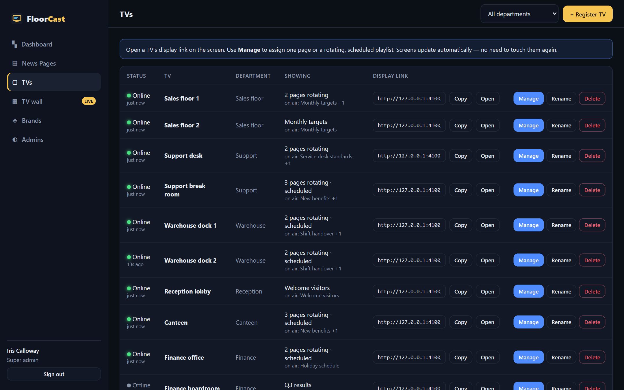 The TVs page: each screen with its status, what it is showing, whether a schedule is active, and its own display link.