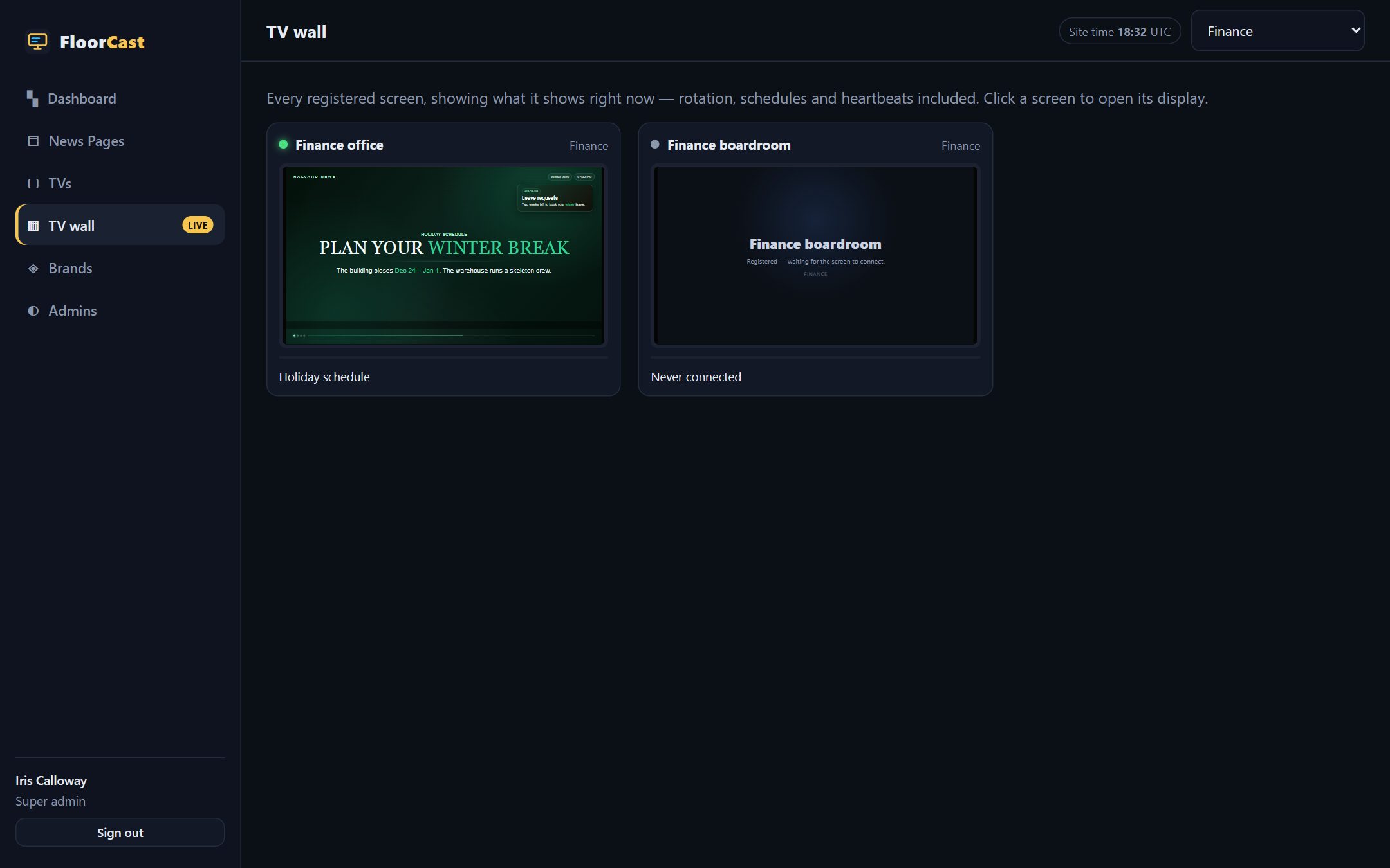 The TV wall filtered to the Finance department: a live thumbnail of the online screen with its green status dot, next to a dark screen that has never connected.