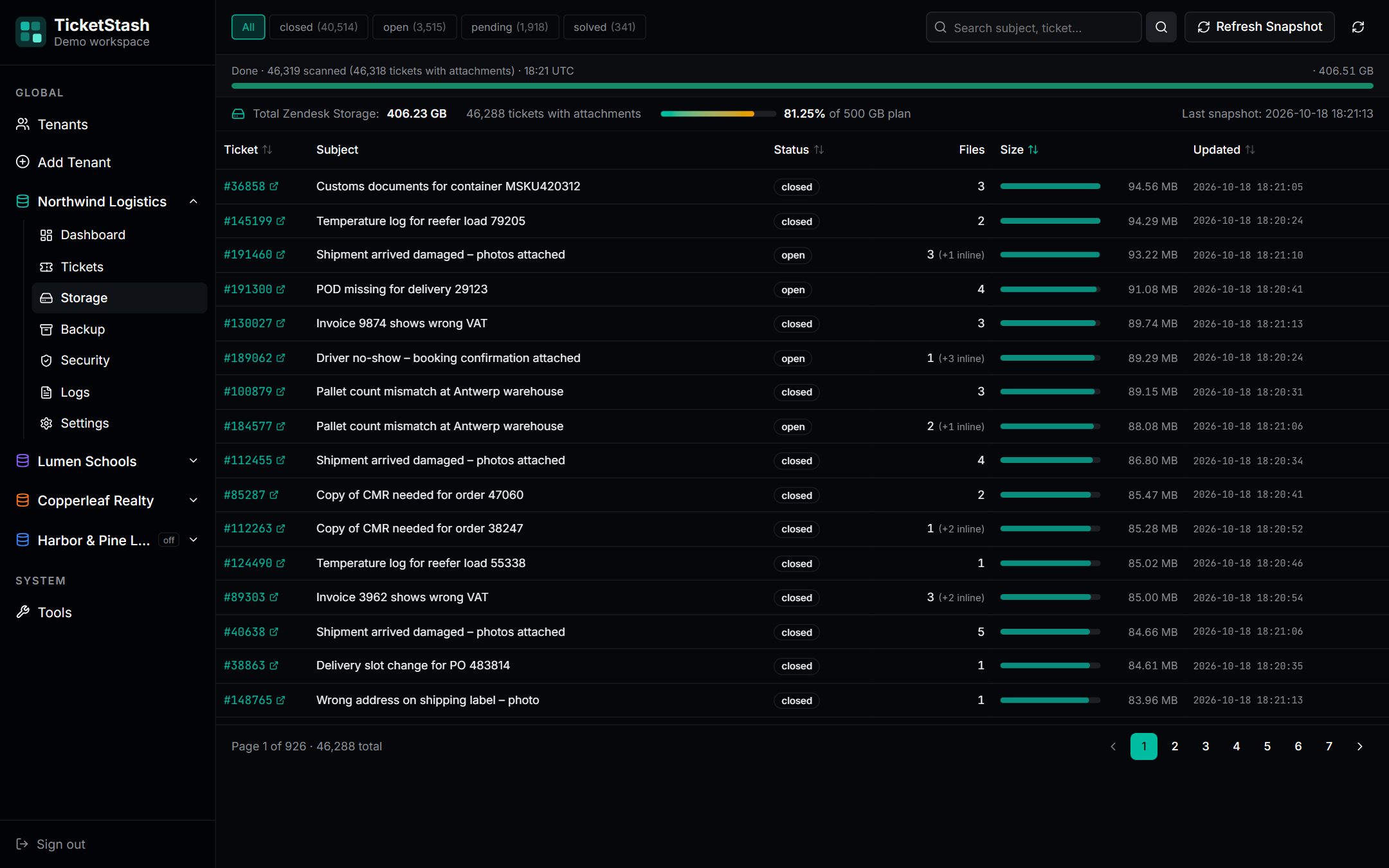 The storage page: used space against the plan, the last snapshot time, and every ticket sorted by size, largest first.